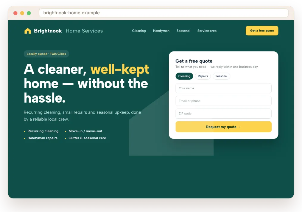 Concept homepage design by SiteHearth for a fictional cleaning and handyman company (fictional business, not a real client)