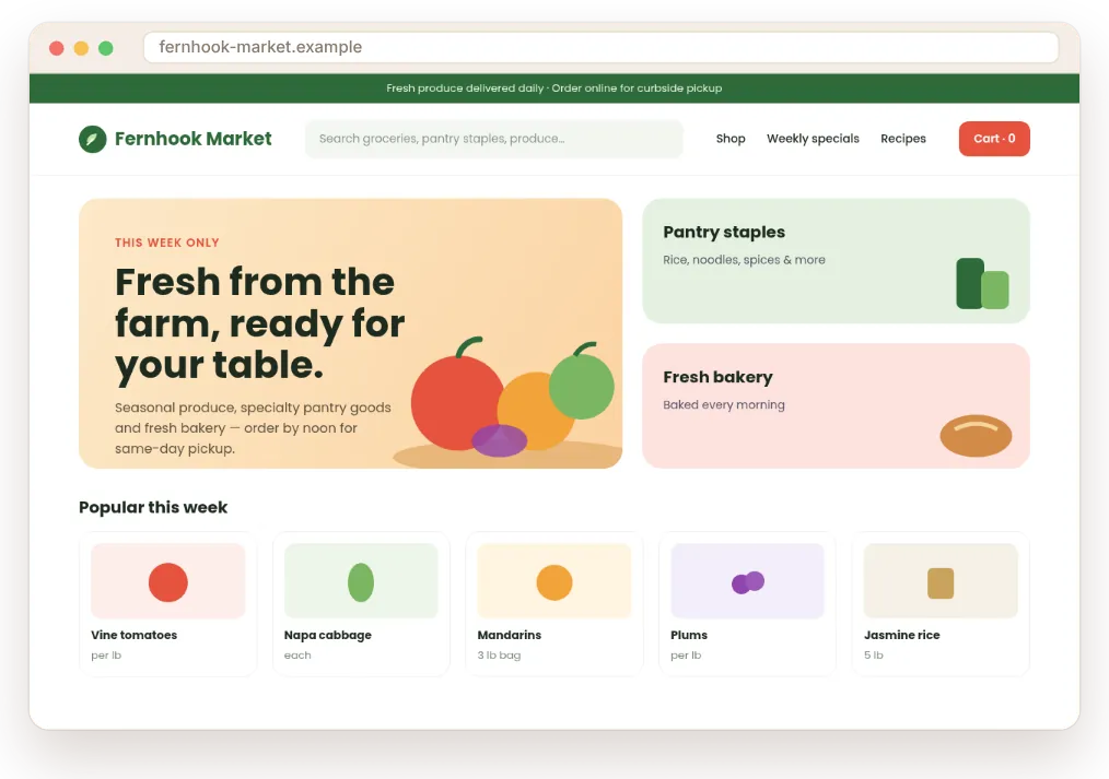 Concept homepage design by SiteHearth for a fictional specialty grocery store (fictional business, not a real client)